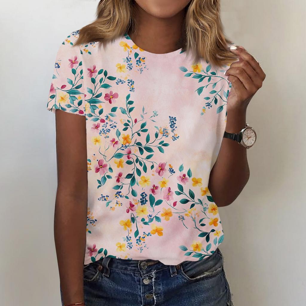 Women's Fashion Casual Printed Round Neck Short Sleeved T-Shirt Top T-Shirt Top Top