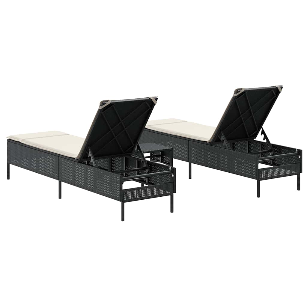 3 Piece Sun Lounger Set with Cushions Black Poly Rattan