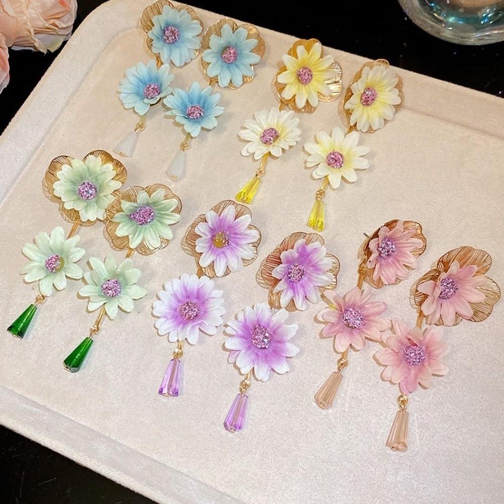 Sweet Fabric Flower Earrings Colorful Crystal Drop Earrings Chinese Ancient Style