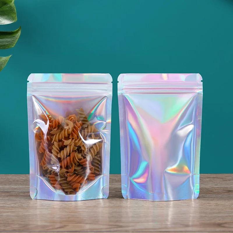 100pcs Laser Self Sealing Bag 0.14mm Aluminum Foil Self-supporting Sack with Window Nut Dry Flower Tea Sealed Packaging Pouch