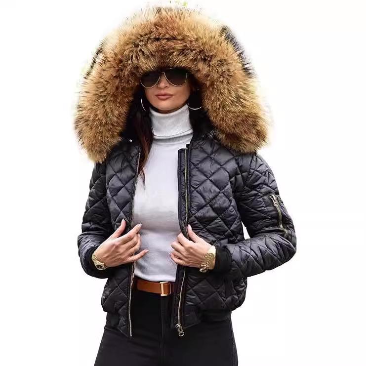 Женская куртка с капюшоном большого размера с хлопковой подкладкой - Европейский и американский стиль, короткая, теплая, подходит для осени и зимы