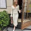 Elegant Ruffled Maxi Dresses For Women Autumn Winter Knitted Slim Long Dress Women's Vintage Dress Woman Retro Knitwear