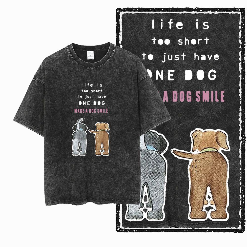 Big Size Dog Graphic Unique Washed Distressed Cotton Unisexs Retro Streetwear TShirt G