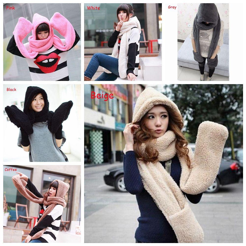 Women Long Warm Plush Velvet Hooded Scarf 3 In 1 Pocket Gloves Hats