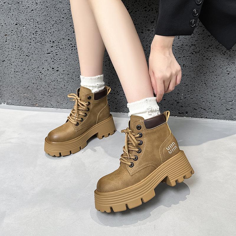 Miu Home Martin Boots Women's Retro Locomotive Boots European and American Leather Short Tooling Boots British Style Big Yellow Boots Women's Boots
