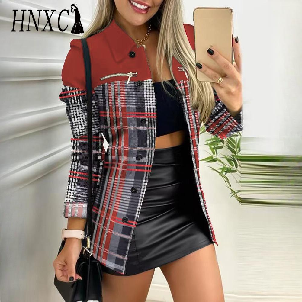 HNXC Женские винтажные повседневные куртки и пальто с решетчатым принтом, осенне-зимние куртки-поло с длинными рукавами и воротником