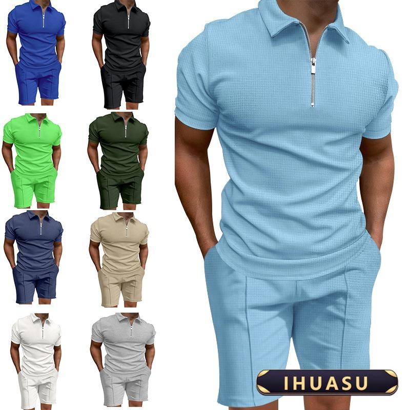 IHUASU Men's Fashion Casual Summer Spring Short Sleeve POLO Neck Shorts Set Elegant