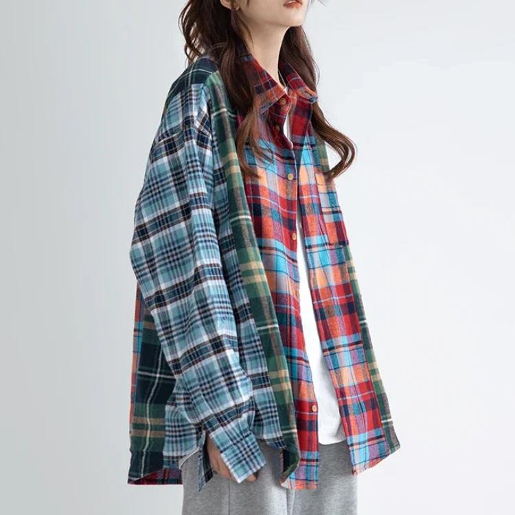 Свободные клетчатые рубашки, женский топ контрастного цвета, мешковатая рубашка в американском стиле ретро, ​​уличная одежда с длинными рукавами, универсальная женская одежда