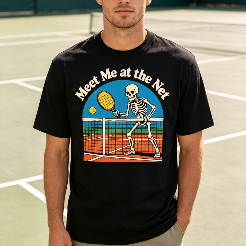 Meet Me at the Net Skeleton Pickleball TShirt Funny Sport Racket Graphic Tee Casual Short Sleeve Shirt Streetwear Player Lover