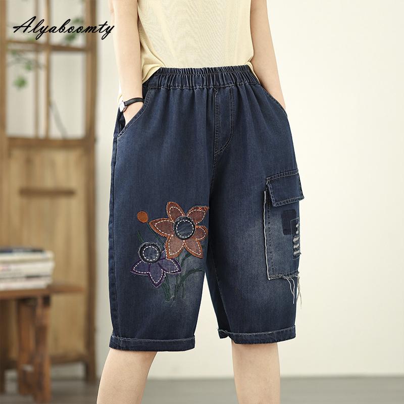 Korean Style Summer Women Denim Capris High Waist Floral Embroidery Patchwork Casual Loose Jeans Basic Blue Ladies' Streetwear Short Jeans
