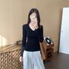 Black V-Neck Slim Fit Long Sleeve Top Fitted Waist Basic Layering Tee Versatile Casual