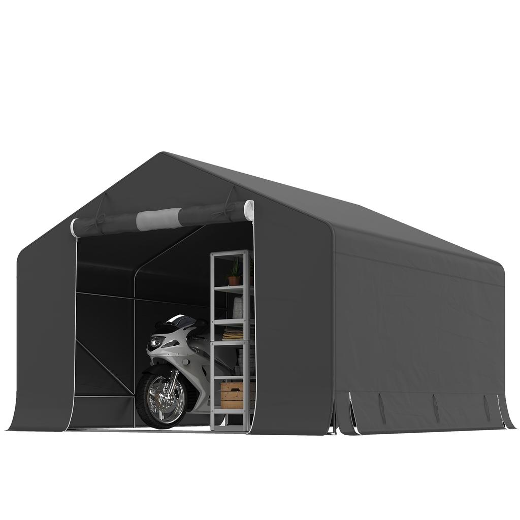 Portable garden shed. Bicycle tent. Roll-up door with zipper. Metal frame. Versatile storage. Dark gray
