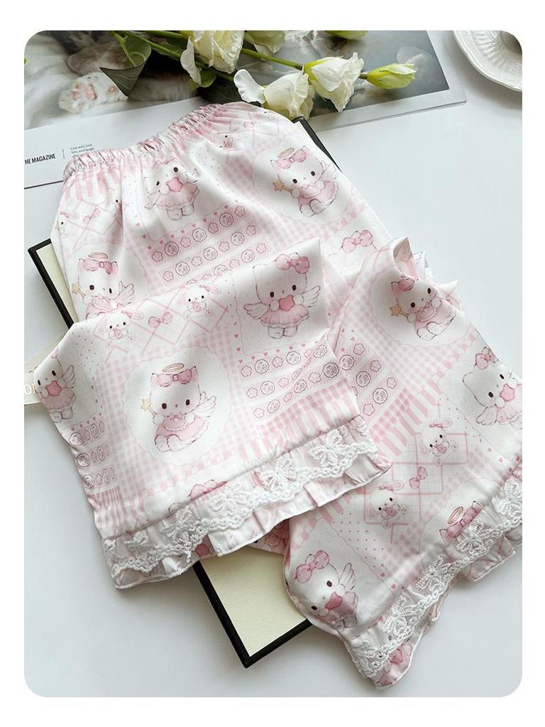 Moe-Style Sweet Pink Kitten Pajamas: Soft Silk, Long-Sleeved & Long Pants for Women - Spring & Autumn Collection