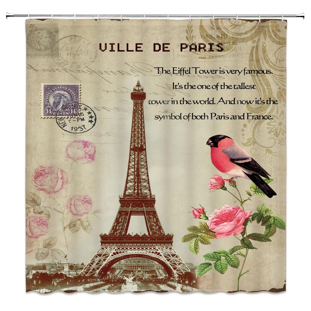 Eiffel Tower Paris Scenery Shower Curtain Vintage Scenery Cherry Blossom Butterfly Polyester Fabric Bath Curtains Bathroom Decor