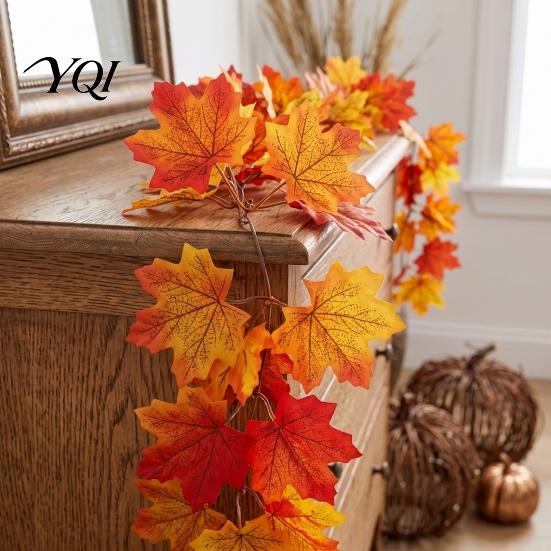 Artificial Maple Leaf Garland 2Pcs Fall Leaves Garland, Autumn Vines for Thanksgiving Harvest Theme Event Supplies Mantle Decor, Faux Foliage