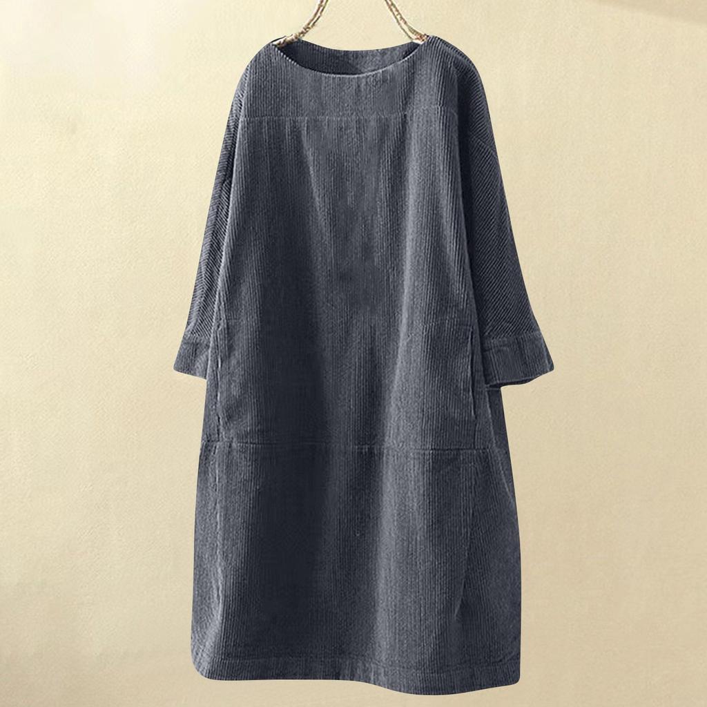 Женское модное платье больших размеров с круглым вырезом и длинными рукавами в стиле ретро с однотонным вельветовым принтом