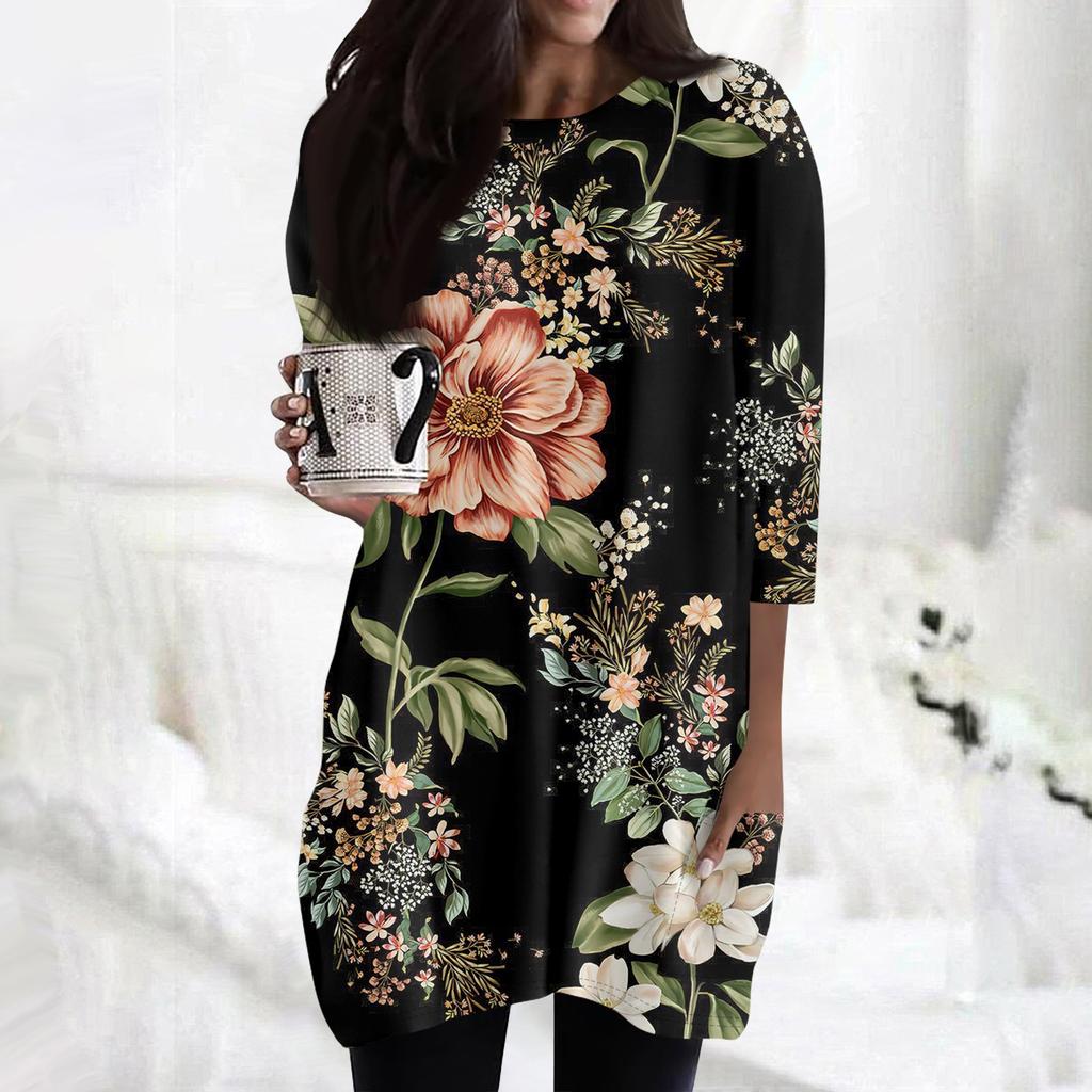 Женская модная повседневная футболка с круглым вырезом и принтом, рукавом 3/4, двойным карманом