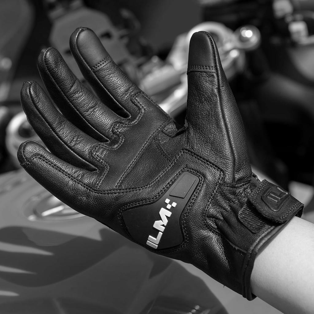ILM Goatskin Leather Motorcycle Motorbike Powersports Racing Gloves Touchscreen For Men And Women Model DN01(M, Black Unperforated)