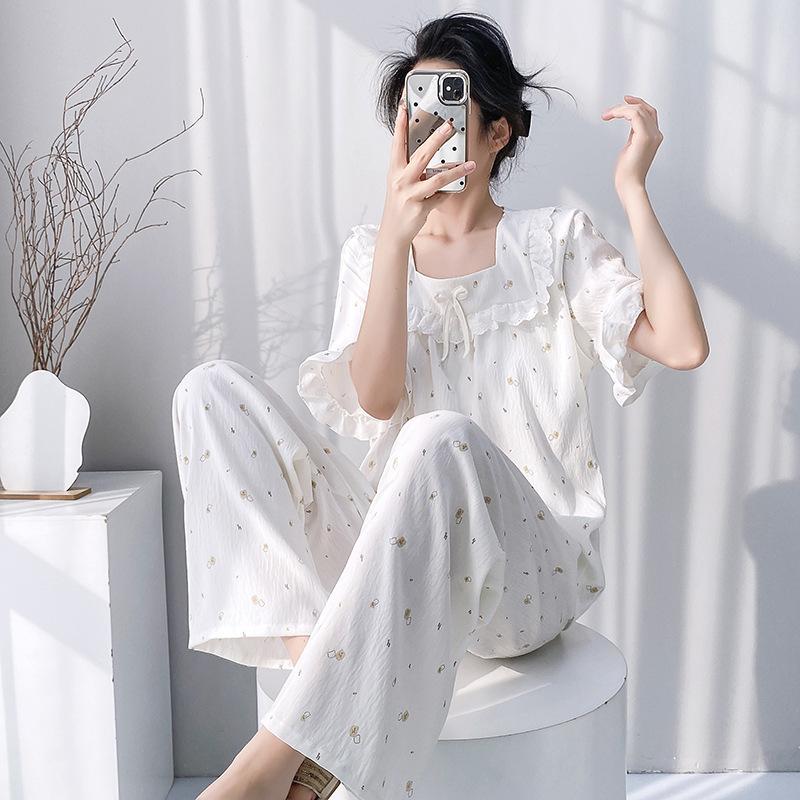 Cotton silk family 1011 new short-sleeved trousers doll collar pajamas women's summer loose loungewear comfortable suit
