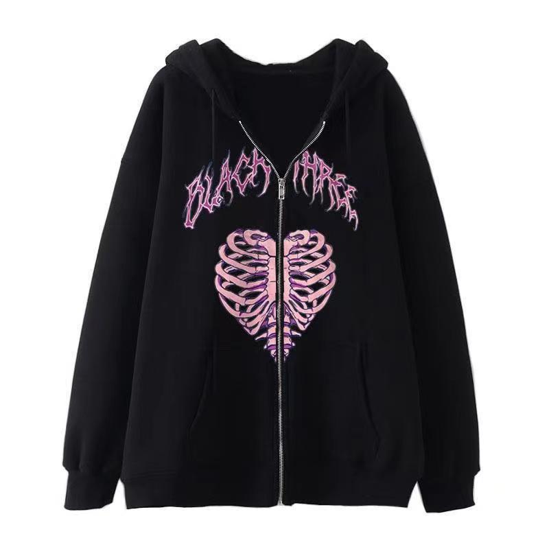 Dark Skull Graphic Zip Up Hoodie Gothic Streetwear Loose Fit Men Women Teens