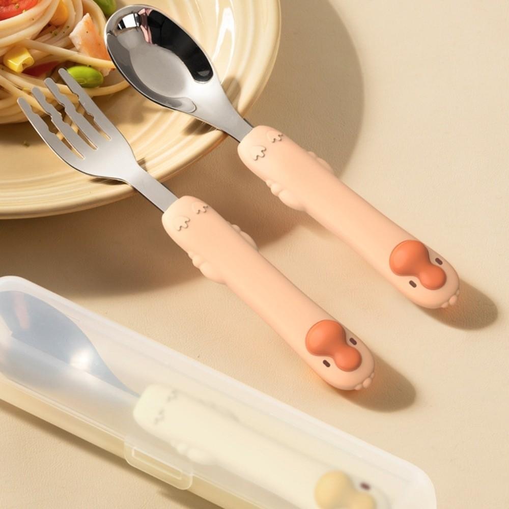 Self Feeding Baby Fork and Spoon Set 316 Stainless Steel Child Tableware  Training Eating