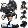 YAZOCO - Poussette combinée 3en1 - Avec nacelle-siège auto - Jusqu'à 15Kg - Or-Noir
