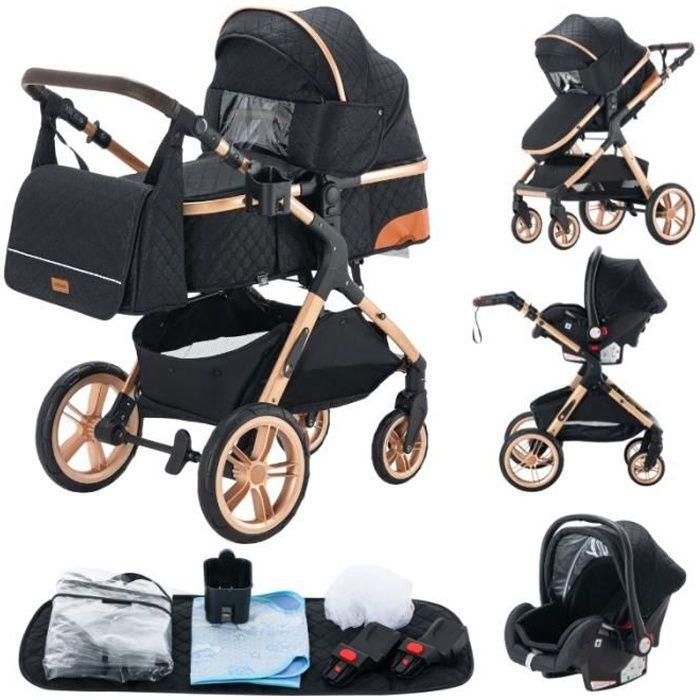 YAZOCO - Poussette combinée 3en1 - Avec nacelle-siège auto - Jusqu'à 15Kg - Or-Noir