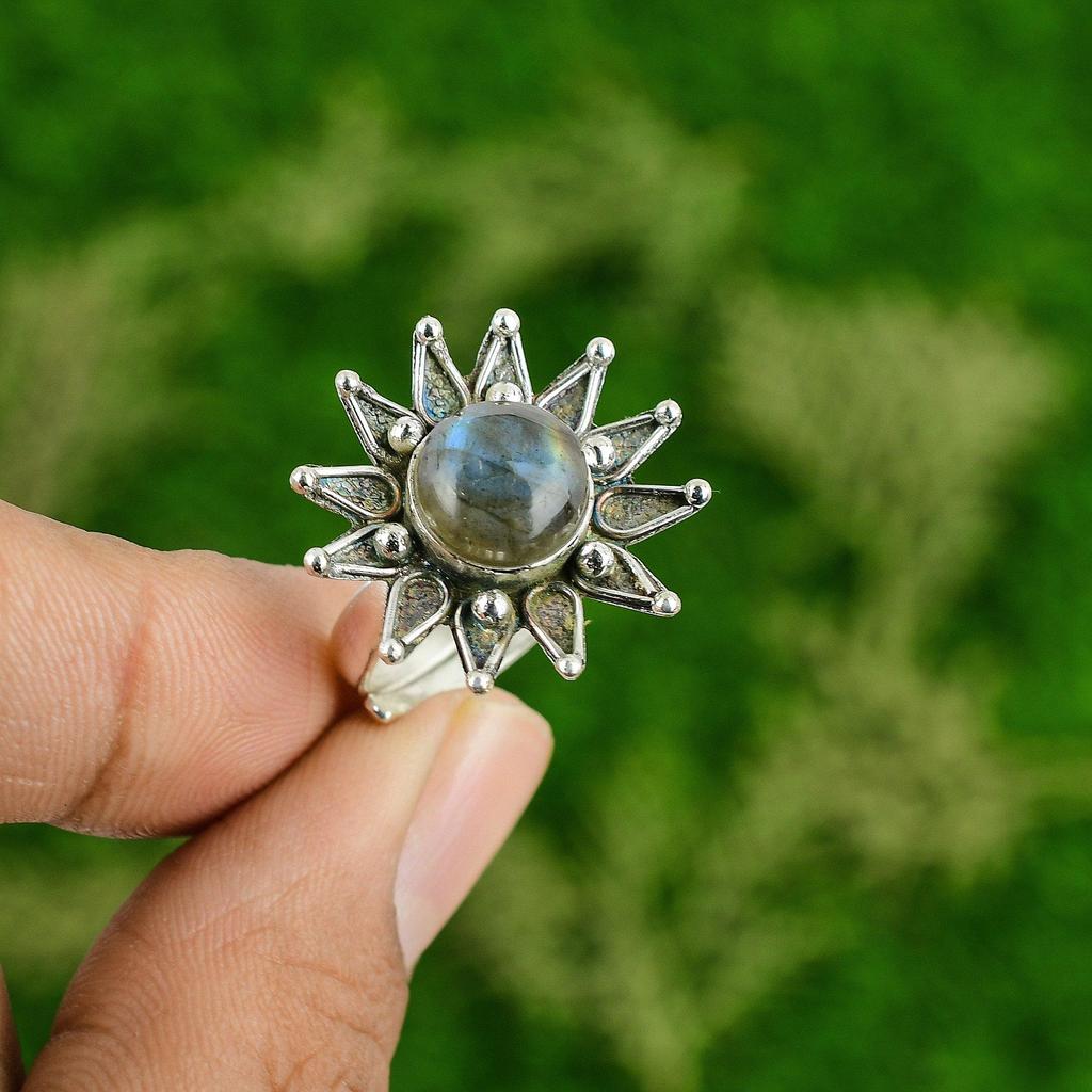 Womens Day Sale Natural Labradorite 925 Silver Stackable Daughter Flower Ring