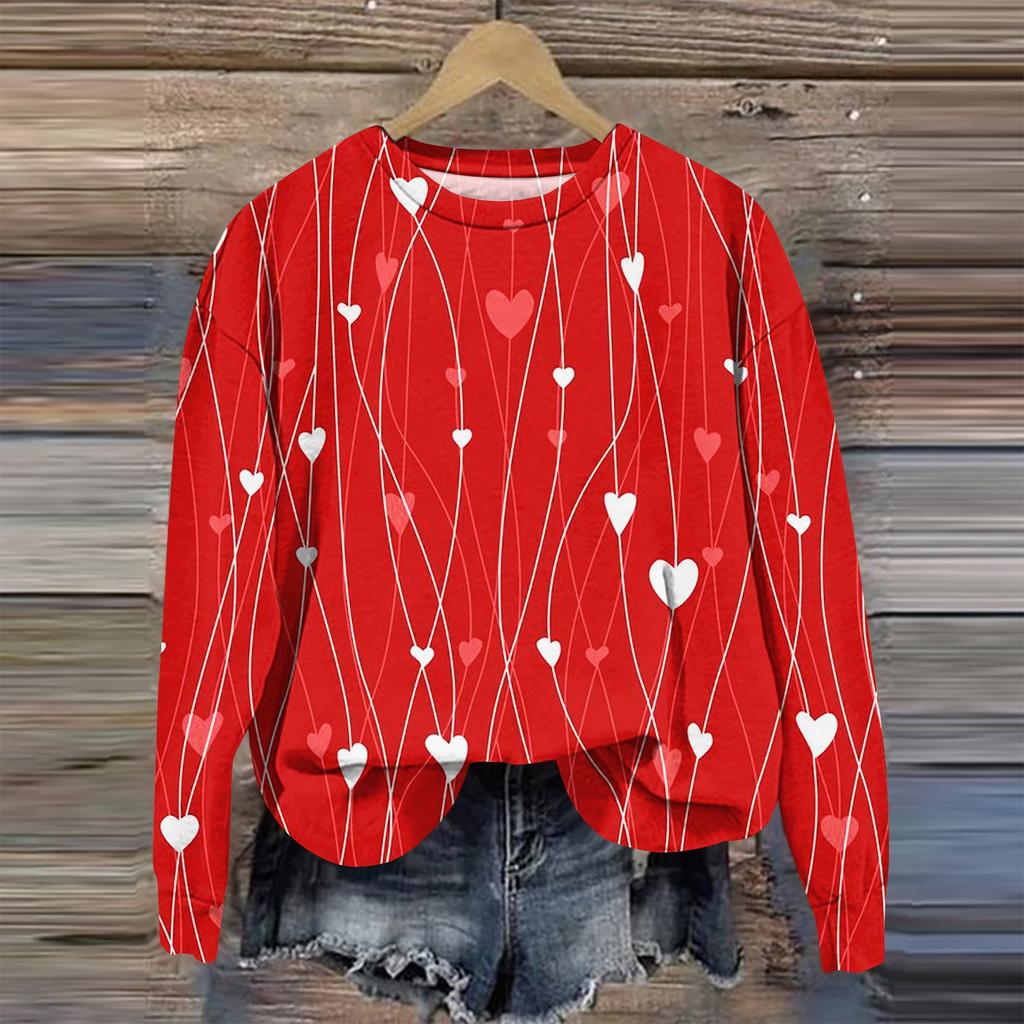 Женская мода День святого Валентина Печатный длинный рукав свободный круглый вырез толстовка Топ осень