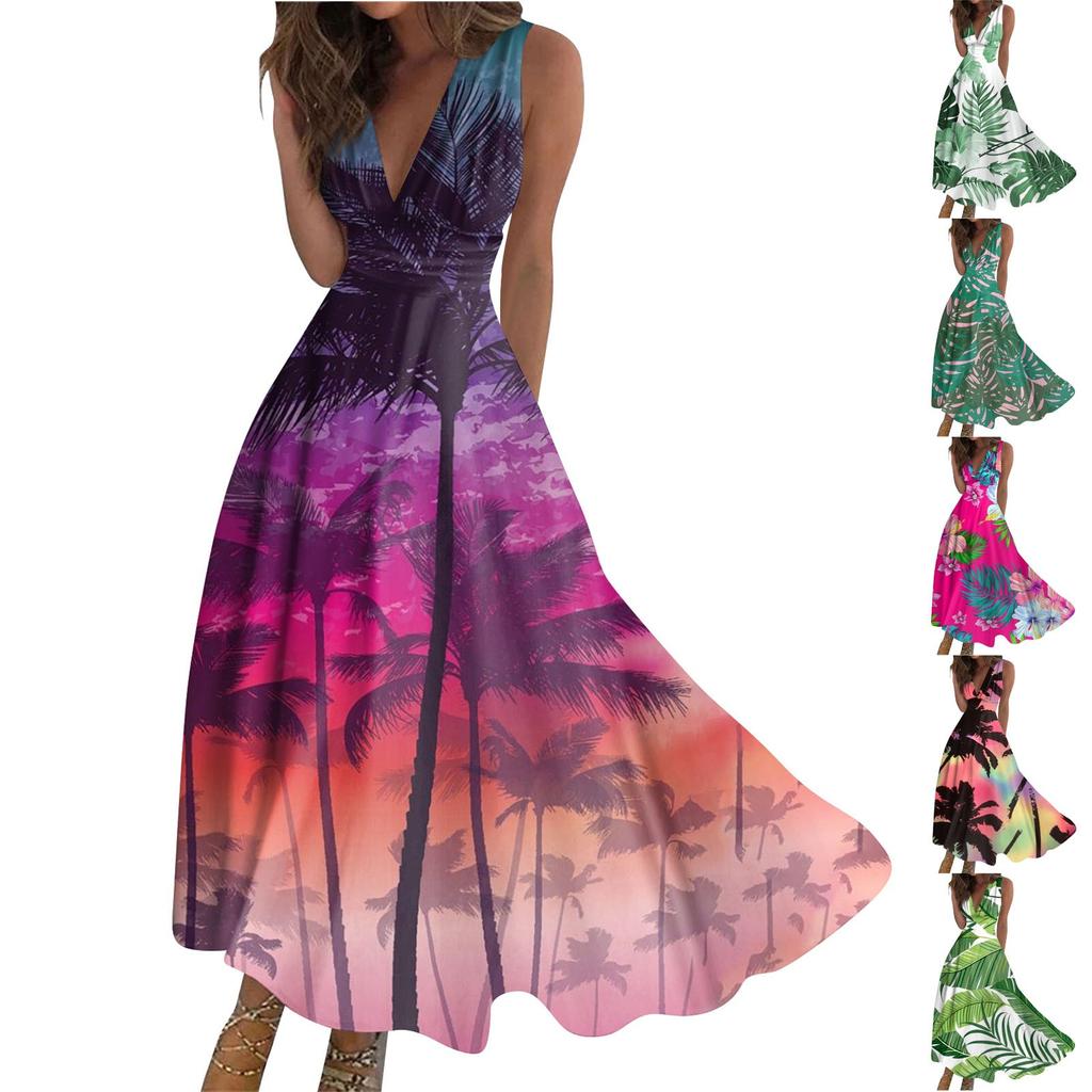 Женское длинное платье без рукавов с v-образным вырезом и цветочным принтом