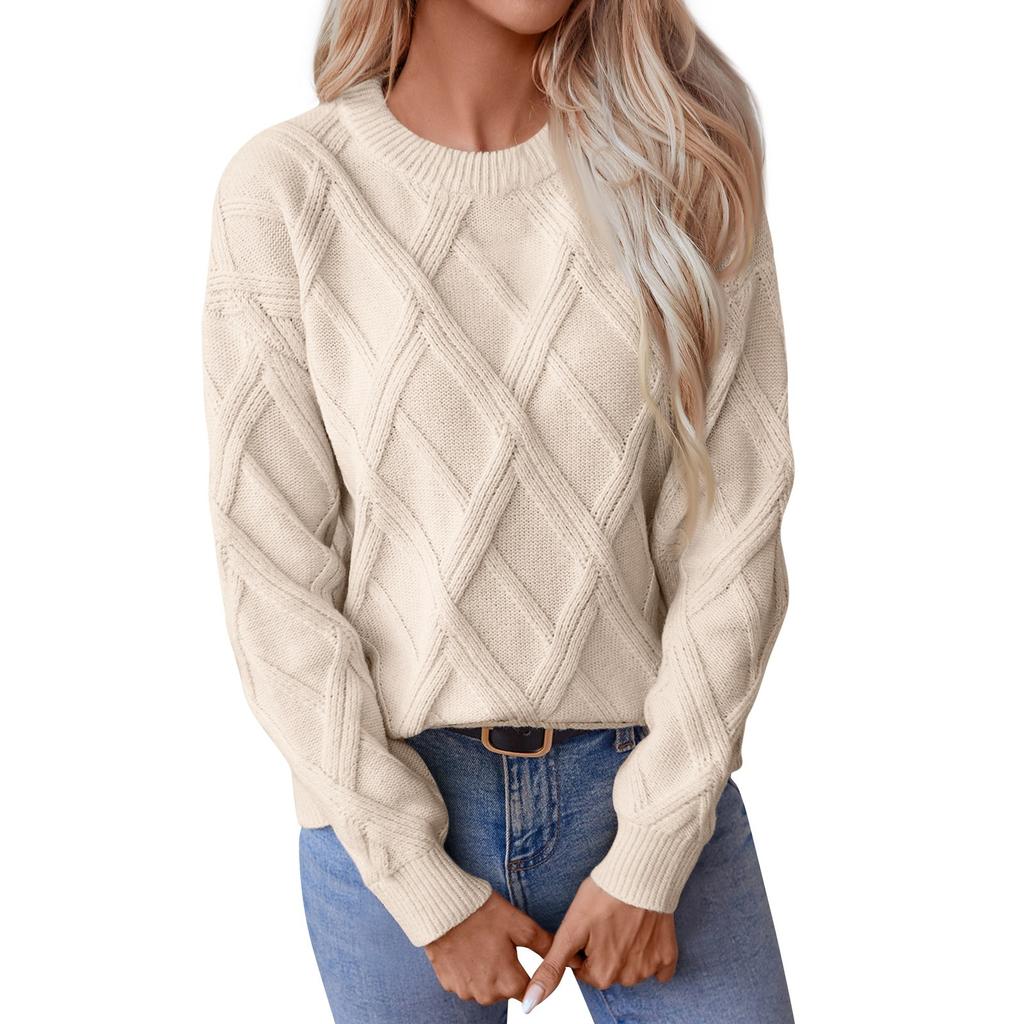 Women's Loose Round-Neck Pullover Diamond Textured Knitted Sweater Long Sleeved Tops