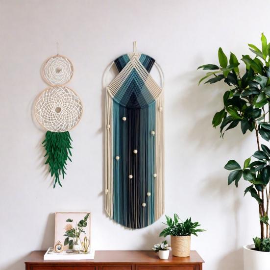 Хлопковый тканый гобелен ручной работы Бохо Деревянные бусины Хлопковая веревка Кисточки Подвесной ловец снов Гостиная Спальня Настенное искусство Подвесное украшение