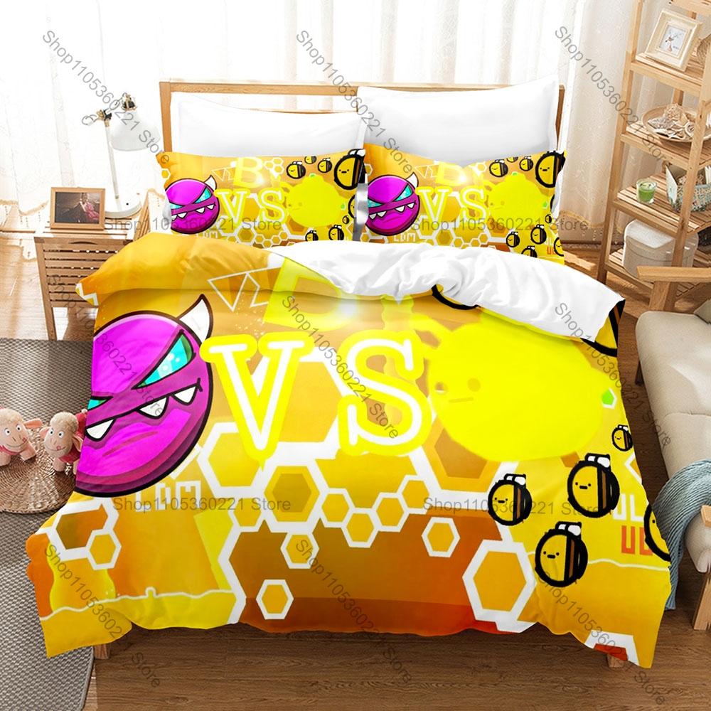 Angry Geometry Dash Angry Expression Cube Spike Neon Rhythm Game Print Duvet Cover + 2 Pillowcases Bright Color Microfiber 2026