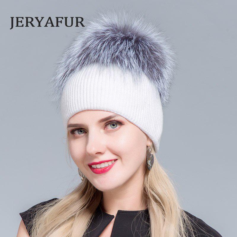JERYAFUR Трикотажная шапка с помпоном из настоящего меха