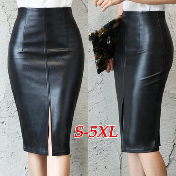 Женская миди-юбка из искусственной кожи, осенне-зимняя, облегающая бедра, с передним или задним разрезом, юбка-карандаш