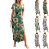 Women's Summer Floral Print Casual Loose Short Sleeve Beach Maxi Split Dress