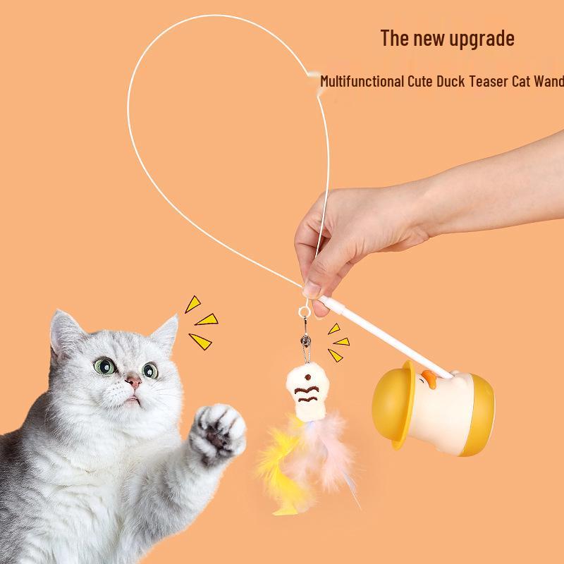 Multifunctional Duck Cat Teaser Wand with Rotating Feather & Catnip for Self-Play