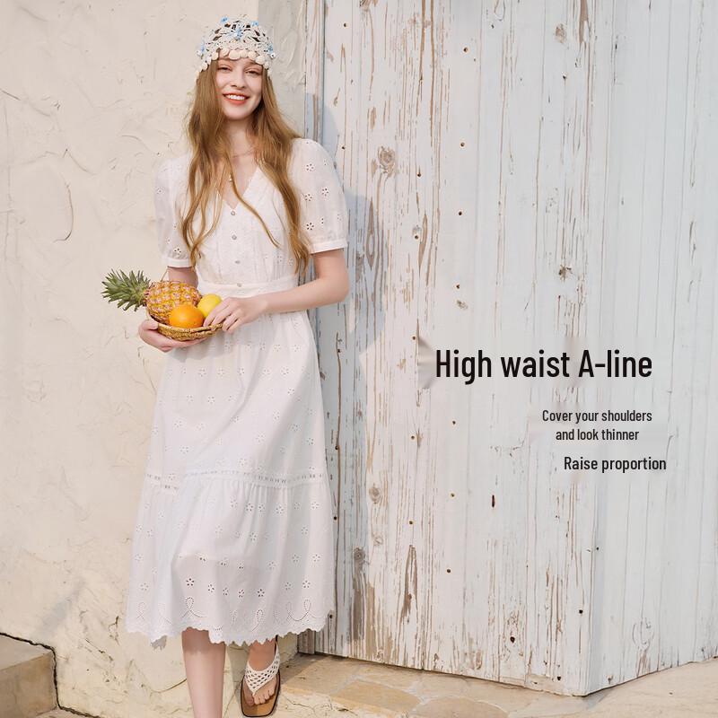 Xiangying Французское хлопковое жаккардовое платье миди с V-образным вырезом