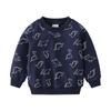 Casual long-sleeved children's sweater, dinosaur stick figure cartoon non-hooded jumper, blue and gray cute boys sweater