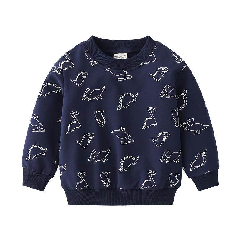 Casual long-sleeved children's sweater, dinosaur stick figure cartoon non-hooded jumper, blue and gray cute boys sweater