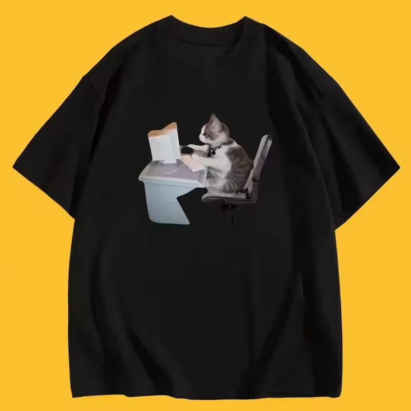 Cartoon Pattern Tee with Cat Working Overtime Stylish Tee Crewneck Short Sleeve Cute Minimalist Summer Casual Outings Women Tee