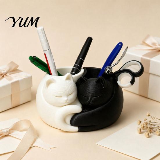 Modern Desk Storage 3D Printed Cat Pen Holder, Cute Sleeping Kitty Stationery Organizer, 2-in-1 Makeup Brush Cup for Brushes Desktop Organizer