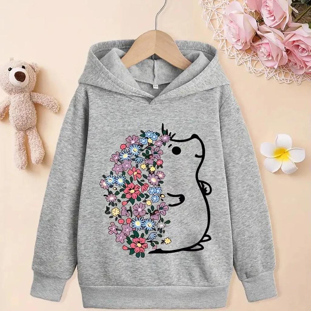 Kids Hedgehog Graphic Hoodie Cute Animal Floral Print Girls Boys Pullover Sweatshirt Long Sleeve Hooded Top Casual Streetwear