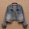 Women's Design Cropped Vintage Blue Denim Jacket with Long Sleeves for a Versatile Loose Jacket