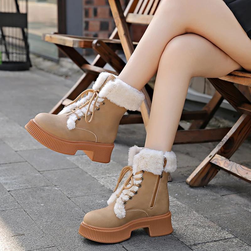 Шерстяная смесь Мех Спилок коровьей кожи Круглый носок Зимние теплые Снежные ботинки Толстая подошва Панк-стиль Милая красота Ботильоны