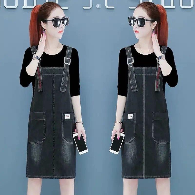 Летнее свободное платье Платье больших размеров Платье средней длины на бретелях Модное джинсовое платье без рукавов с карманами Плюс размер