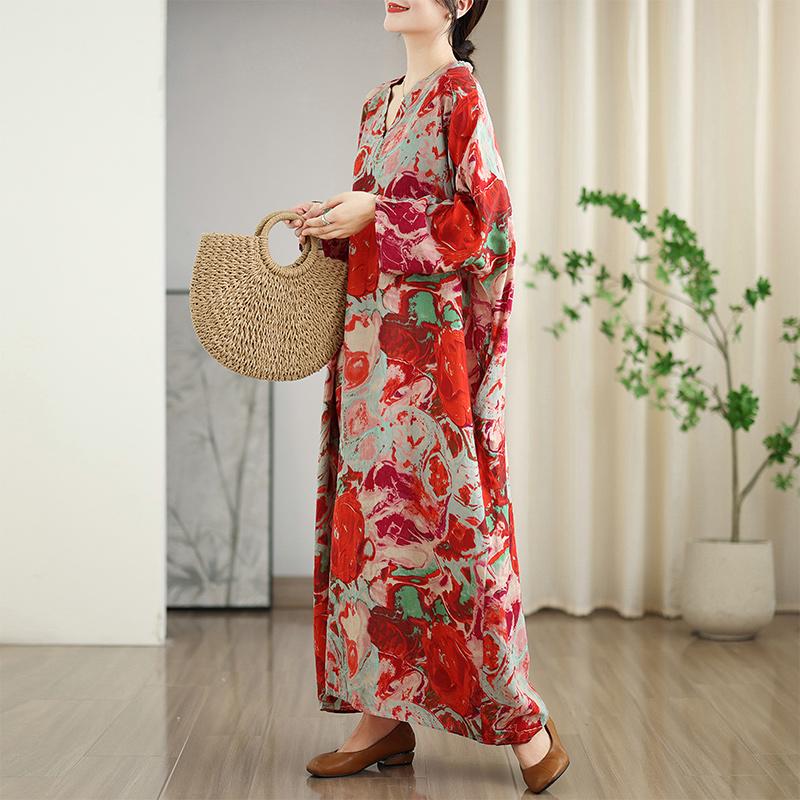 Dimanaf 2025 Женское Весеннее Свободное Платье Плюс Размер Винтаж Элегантный V-образный вырез Льняное Повседневное Базовое Цветочное Новое Длинное Платье