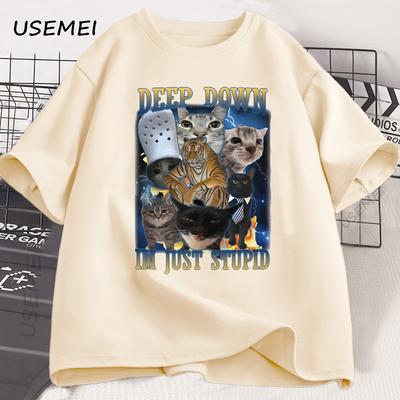 В глубине души я просто глупый смешной кот мем футболка Formen Женская футболка с глупыми котами Неадекватная уродливая хлопковая футболка с коротким рукавом и графическим принтом