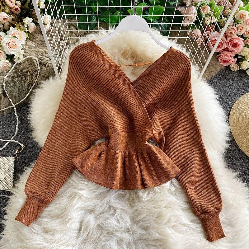 RUGOD Весенний новый яркий шелковый вязаный топ с v-образным вырезом и длинными рукавами, модный темпераментный короткий универсальный топ с тонкой спинкой и длинным рукавом