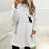 O-Neck Long Sleeves Pockets Mid-Length Winter Sweatshirt Women Loose Fit Embroidery Cat Pattern Fleece Pullover Top